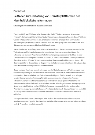 Leitfaden zur Gestaltung von Transferplattformen der Nachhaltigkeitstransformation