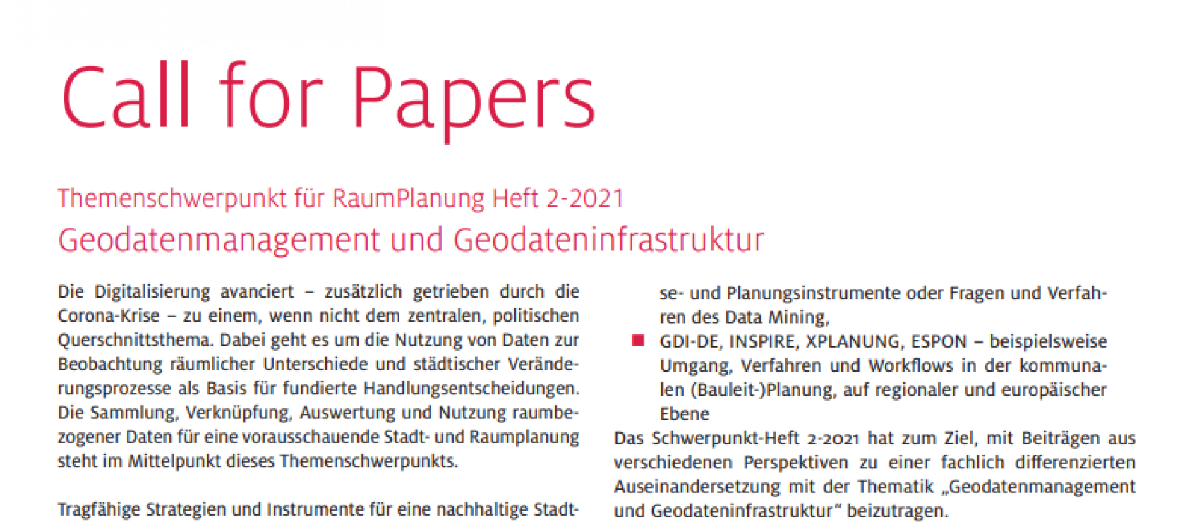 Call for Papers: Geodatenmanagement und Geodateninfrastruktur